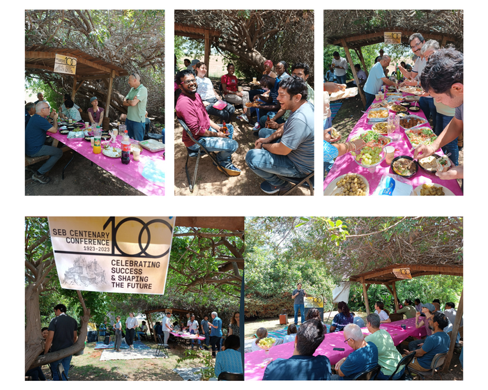 Five images of the Department of Postharvest Sciences Event, including attendees watching the talks outdoors and interacting during the food and drink reception.